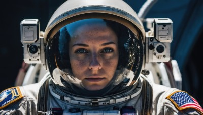 1girl,solo,looking at viewer,black hair,1boy,closed mouth,upper body,male focus,artist name,signature,blurry,black eyes,lips,blurry background,helmet,portrait,freckles,reflection,science fiction,realistic,space,straight-on,american flag,spacesuit,space helmet,astronaut,blue eyes,expressionless,planet,dirty,earth (planet),japanese flag,united states