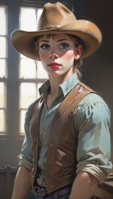 1girl,solo,looking at viewer,blush,short hair,blue eyes,brown hair,shirt,hat,jewelry,white shirt,upper body,earrings,parted lips,day,collared shirt,belt,pants,indoors,vest,lips,window,dress shirt,makeup,buttons,blue shirt,denim,lipstick,buckle,sleeves rolled up,freckles,belt buckle,realistic,nose,brown headwear,red lips,stud earrings,cowboy hat,brown vest,cowboy western,jacket,heart,open clothes,sunlight,backlighting,jeans,unbuttoned,brown belt,blue vest,sleeves pushed up,sidelighting,denim jacket