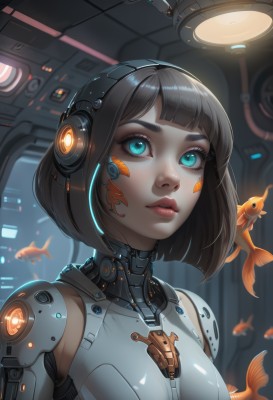 1girl,solo,breasts,short hair,bangs,blue eyes,brown hair,black hair,medium breasts,upper body,parted lips,shiny,artist name,blunt bangs,aqua eyes,lips,eyelashes,makeup,glowing,headgear,headphones,watermark,facial mark,bob cut,thick eyebrows,freckles,fish,science fiction,nose,red lips,cable,mechanical arms,cyborg,robot joints,goldfish,cyberpunk,looking at viewer,closed mouth,small breasts,sleeveless,indoors,signature,blurry,bodysuit,animal,expressionless,robot,lipstick,web address,eyeshadow,headset,patreon username,pink lips,arms at sides,light,eyeliner,joints,facepaint,mascara,ceiling