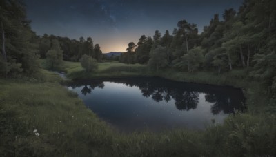 outdoors,sky,artist name,cloud,signature,water,tree,no humans,night,watermark,grass,plant,star (sky),nature,night sky,scenery,forest,starry sky,reflection,river,lake,flower,sunset,mountain,landscape,reflective water