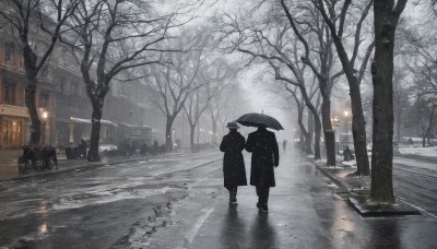 hat,holding,standing,outdoors,multiple boys,2boys,tree,coat,umbrella,ground vehicle,building,scenery,motor vehicle,snow,reflection,walking,rain,snowing,holding umbrella,city,car,road,winter,multiple others,lamppost,bare tree,street,puddle,1girl,sky,people,grey theme,black umbrella