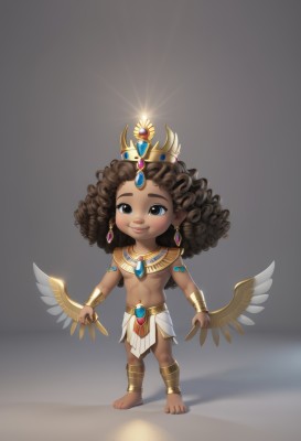 1girl,solo,long hair,breasts,looking at viewer,smile,blue eyes,brown hair,black hair,navel,jewelry,standing,full body,earrings,small breasts,wings,barefoot,dark skin,grey background,necklace,chibi,dark-skinned female,lips,crown,gem,child,feathered wings,pelvic curtain,curly hair,anklet,bracer,loincloth,blush,simple background,holding,brown eyes,closed mouth,artist name,medium hair,black eyes,bracelet,aged down,armlet,headpiece