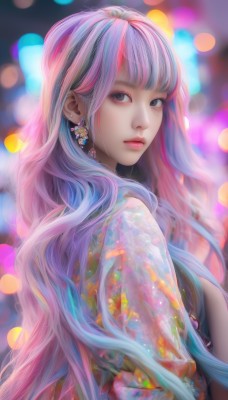 1girl,solo,long hair,looking at viewer,bangs,jewelry,closed mouth,blue hair,upper body,pink hair,purple hair,multicolored hair,earrings,looking back,blunt bangs,blurry,black eyes,from side,lips,looking to the side,makeup,depth of field,blurry background,pink lips,nose,bokeh,very long hair,japanese clothes,streaked hair,grey eyes,eyelashes,watermark,wavy hair,realistic