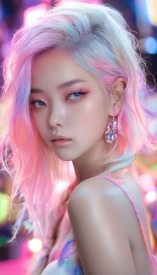 1girl,solo,long hair,breasts,looking at viewer,blue eyes,bare shoulders,jewelry,closed mouth,blue hair,upper body,pink hair,white hair,multicolored hair,earrings,blurry,from side,two-tone hair,lips,looking to the side,eyelashes,gradient hair,makeup,blurry background,portrait,eyeshadow,realistic,nose,bangs,dress,sleeveless,artist name,signature,depth of field,watermark,expressionless,lipstick,gem,eyeliner,bokeh,mascara