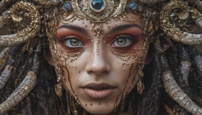 1girl,solo,long hair,looking at viewer,black hair,hair ornament,brown eyes,jewelry,yellow eyes,braid,earrings,parted lips,blurry,lips,eyelashes,makeup,facial mark,ring,gem,portrait,close-up,eyeshadow,realistic,straight-on,gold,closed mouth,green eyes,headdress