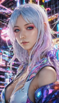 1girl,solo,long hair,breasts,looking at viewer,bangs,blue eyes,large breasts,cleavage,bare shoulders,jewelry,medium breasts,jacket,upper body,white hair,earrings,parted lips,blurry,lips,eyelashes,makeup,blurry background,piercing,eyeshadow,zipper,realistic,nose,blue hair,sidelocks,outdoors,sleeveless,shiny,artist name,off shoulder,wet,parted bangs,night,depth of field,lipstick,building,ear piercing,rain,city,unzipped,eyeliner,mascara,city lights,neon lights