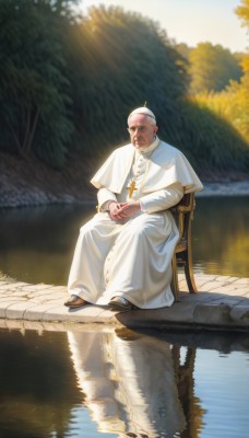 solo,short hair,long sleeves,1boy,dress,jewelry,sitting,closed mouth,full body,male focus,outdoors,shoes,day,water,necklace,black footwear,blurry,tree,capelet,facial hair,chair,sunlight,own hands together,cross,beard,reflection,robe,mustache,bald,cross necklace,white capelet,old,old man,priest,reflective water,wrinkled skin,looking at viewer,white hair,artist name,black eyes,thick eyebrows,grass,scenery,realistic,river,lake,latin cross