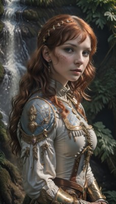 1girl,solo,long hair,breasts,looking at viewer,bangs,brown hair,shirt,hair ornament,long sleeves,brown eyes,jewelry,medium breasts,white shirt,upper body,earrings,outdoors,parted lips,belt,water,armor,blurry,from side,tree,lips,grey eyes,eyelashes,leaf,wavy hair,own hands together,shoulder armor,gem,nature,forest,freckles,curly hair,realistic,nose,waterfall,red hair,gold trim