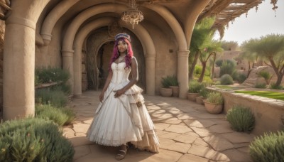 1girl,solo,long hair,breasts,looking at viewer,smile,dress,bare shoulders,brown eyes,jewelry,medium breasts,standing,pink hair,purple hair,flower,outdoors,sleeveless,dark skin,white dress,dark-skinned female,tree,sleeveless dress,facial mark,sandals,grass,plant,scenery,walking,skirt hold,pillar,arch,column,gloves,green eyes,full body,elbow gloves,necklace,high heels,lips,potted plant,bush,wide shot,garden