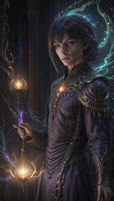 1girl,solo,long hair,breasts,looking at viewer,short hair,bangs,black hair,long sleeves,dress,holding,hair between eyes,brown eyes,jewelry,closed mouth,standing,cowboy shot,indoors,black eyes,lips,fire,gem,purple dress,lantern,realistic,nose,fantasy,magic,candle,artist name,medium hair,cape,black background,robe,wand,dark background