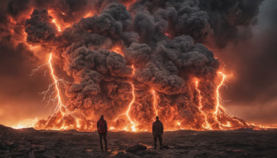 standing, multiple boys, sky, cloud, 2boys, bag, from behind, backpack, fire, scenery, smoke, realistic, lightning, destruction