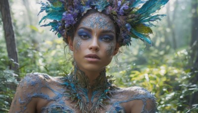 1girl,solo,looking at viewer,short hair,black hair,hair ornament,bare shoulders,brown eyes,jewelry,closed mouth,upper body,flower,outdoors,parted lips,day,artist name,signature,hair flower,dark skin,blurry,dark-skinned female,lips,eyelashes,makeup,depth of field,blurry background,leaf,facial mark,feathers,plant,portrait,nature,eyeshadow,forest,realistic,nose,fantasy,feather hair ornament,bodypaint,tribal,brown hair,yellow eyes,tree,close-up,facepaint,mascara