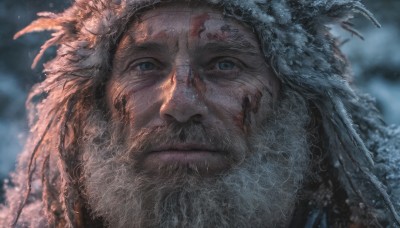 solo,looking at viewer,blue eyes,hair ornament,1boy,closed mouth,white hair,male focus,outdoors,blurry,blurry background,facial hair,feathers,portrait,beard,close-up,realistic,mustache,old,old man,long hair,snow,snowing