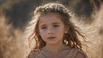 1girl,solo,long hair,looking at viewer,blonde hair,brown hair,dress,brown eyes,jewelry,upper body,flower,parted lips,necklace,blurry,lips,blurry background,portrait,veil,realistic,head wreath,collarbone,wind,curly hair