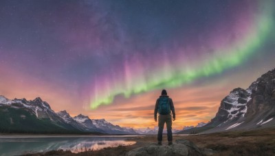 solo,short hair,black hair,long sleeves,1boy,standing,jacket,male focus,outdoors,sky,pants,hood,water,bag,from behind,blurry,night,backpack,grass,star (sky),night sky,scenery,starry sky,sunset,rock,mountain,wide shot,mountainous horizon,cloud,horizon,spacesuit,astronaut,aurora