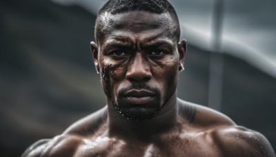 solo,looking at viewer,short hair,black hair,1boy,jewelry,closed mouth,upper body,male focus,earrings,dark skin,blurry,black eyes,wet,tattoo,muscular,blurry background,facial hair,dark-skinned male,muscular male,portrait,beard,realistic,flag,wet hair,very short hair,manly,chest hair,very dark skin,brown eyes,shiny,mole,shiny skin