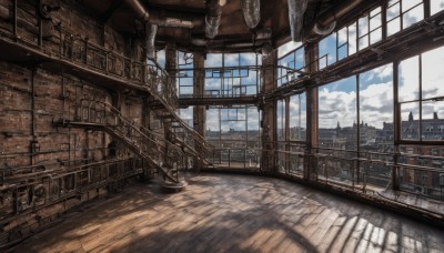 outdoors,sky,day,cloud,indoors,blue sky,no humans,window,sunlight,cloudy sky,building,scenery,wooden floor,stairs,city,railing,bookshelf,cityscape,architecture,bridge,ladder,skyscraper,ceiling