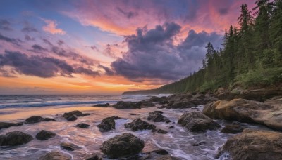 outdoors,sky,cloud,water,tree,blue sky,no humans,ocean,beach,cloudy sky,nature,scenery,forest,sunset,rock,sand,horizon,river,waves,evening,landscape,gradient sky,shore,orange sky