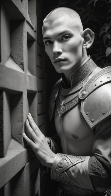 solo,looking at viewer,gloves,1boy,jewelry,closed mouth,monochrome,upper body,greyscale,male focus,earrings,armor,shoulder armor,pauldrons,realistic,bald,manly,long sleeves,nipples