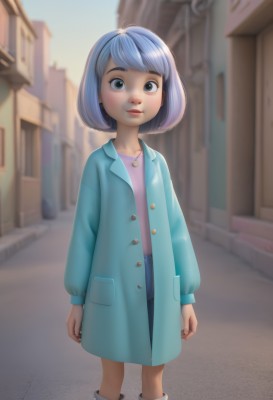 1girl,solo,looking at viewer,short hair,bangs,blue eyes,skirt,shirt,long sleeves,jewelry,closed mouth,blue hair,standing,jacket,boots,outdoors,open clothes,shorts,day,artist name,necklace,blurry,black eyes,blue sky,lips,blue skirt,coat,buttons,depth of field,blurry background,feet out of frame,bob cut,ring,denim,building,child,blue shorts,pink shirt,open coat,city,arms at sides,unbuttoned,female child,road,street,blue coat,watermark,thick eyebrows,realistic