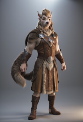 solo,long hair,looking at viewer,blue eyes,blonde hair,1boy,animal ears,standing,tail,full body,braid,male focus,boots,belt,artist name,grey background,armor,twin braids,fur trim,brown footwear,furry,clenched hands,arms at sides,bracer,furry male,body fur,fur,snout,brown fur,pelt,1girl,simple background,horns