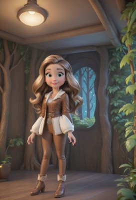 1girl,solo,long hair,looking at viewer,smile,blue eyes,brown hair,shirt,long sleeves,green eyes,standing,jacket,full body,white shirt,boots,parted lips,belt,pants,indoors,high heels,tree,lips,night,brown footwear,plant,child,nature,forest,brown jacket,lantern,brown pants,jewelry,open clothes,teeth,artist name,vest,window,wavy hair,wooden floor,ankle boots,potted plant,brown vest