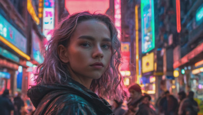 1girl, long hair, looking at viewer, closed mouth, upper body, pink hair, outdoors, solo focus, hood, blurry, lips, night, blurry background, thick eyebrows, hood down, city, realistic, nose, neon lights