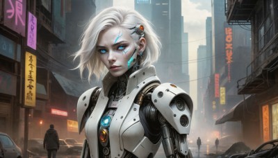 HQ,1girl,looking at viewer,short hair,blue eyes,hair ornament,1boy,jewelry,standing,jacket,upper body,white hair,earrings,outdoors,parted lips,multiple boys,solo focus,artist name,signature,armor,lips,coat,bodysuit,makeup,glowing,facial mark,robot,ground vehicle,building,glowing eyes,motor vehicle,science fiction,asymmetrical hair,city,sign,realistic,nose,android,car,stud earrings,road,eyeliner,cable,mechanical arms,facial tattoo,cyborg,robot joints,power armor,neon trim,cyberpunk,hologram,sky,hairclip,wind,eyeshadow,rain,cityscape,street,neon lights