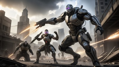 HQ,holding,standing,weapon,outdoors,multiple boys,sky,cloud,2boys,holding weapon,armor,gun,muscular,glowing,3boys,helmet,cloudy sky,robot,building,holding gun,mecha,glowing eyes,rifle,handgun,science fiction,4boys,city,assault rifle,battle,one knee,ruins,multiple others,firing,power armor,soldier,purple eyes,sword,signature,no humans,dual wielding,realistic