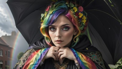 1girl,solo,looking at viewer,short hair,bangs,hair ornament,long sleeves,holding,jewelry,closed mouth,green eyes,blue hair,upper body,pink hair,purple hair,flower,multicolored hair,outdoors,parted lips,green hair,sky,day,artist name,cloud,hair flower,wide sleeves,blurry,bracelet,two-tone hair,lips,eyelashes,makeup,leaf,umbrella,watermark,ring,cloudy sky,own hands together,lipstick,building,web address,cloak,eyeshadow,freckles,rain,holding umbrella,realistic,nose,red lips,head wreath,rainbow,mascara,rainbow hair,kujo jolyne,black hair,earrings,hair bun,portrait