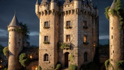 HQ,flower,outdoors,sky,cloud,tree,no humans,window,night,cloudy sky,grass,plant,building,night sky,scenery,stairs,door,ruins,house,tower,arch,moon,lantern,fantasy,castle,moss,chimney