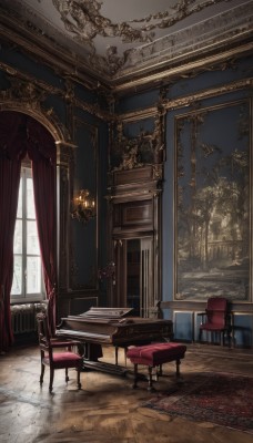 day,indoors,book,no humans,window,chair,table,sunlight,curtains,instrument,scenery,wooden floor,stairs,lamp,candle,painting (object),piano,carpet,candlestand,rug,reflective floor,chandelier,grand piano