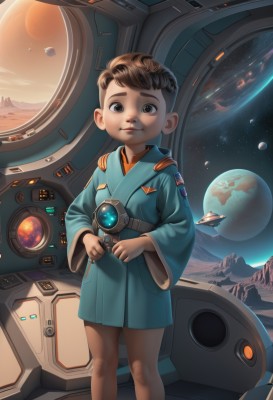 solo,looking at viewer,smile,short hair,brown hair,1boy,holding,brown eyes,closed mouth,standing,male focus,sky,feet out of frame,robot,child,star (sky),science fiction,realistic,space,male child,planet,earth (planet),spacecraft,spacesuit,jacket,uniform,mecha,robe,cockpit