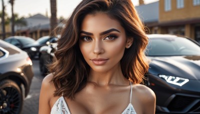 1girl,solo,long hair,breasts,looking at viewer,smile,brown hair,cleavage,bare shoulders,brown eyes,jewelry,medium breasts,collarbone,upper body,earrings,outdoors,day,dark skin,medium hair,blurry,dark-skinned female,lips,depth of field,blurry background,thick eyebrows,ground vehicle,motor vehicle,realistic,nose,car,large breasts,swimsuit,bikini,artist name,white bikini,building,messy hair,portrait,stud earrings,road,vehicle focus,sports car