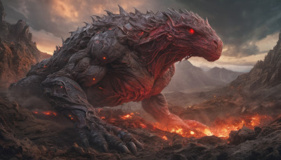 open mouth, red eyes, outdoors, sky, teeth, cloud, no humans, glowing, cloudy sky, fire, sharp teeth, glowing eyes, claws, monster, mountain, scales, molten rock, kaijuu