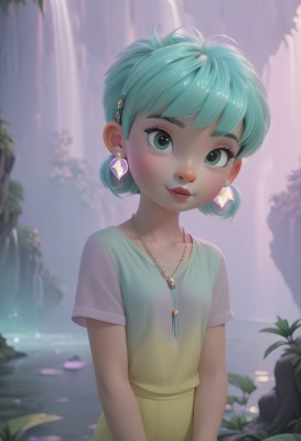 1girl,solo,looking at viewer,blush,smile,short hair,bangs,skirt,shirt,hair ornament,dress,jewelry,closed mouth,green eyes,blue hair,collarbone,upper body,short sleeves,earrings,outdoors,green hair,shiny,artist name,signature,water,necklace,blurry,flat chest,aqua eyes,lips,eyelashes,aqua hair,watermark,plant,gem,child,nature,web address,freckles,nose,female child,waterfall,makeup,leaf