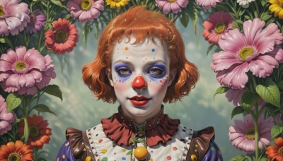 1girl,solo,looking at viewer,smile,short hair,brown hair,green eyes,upper body,flower,orange hair,lips,makeup,leaf,lipstick,portrait,eyeshadow,curly hair,red lips,facepaint,neck ruff,clown,blush,brown eyes,eyelashes,pale skin,realistic