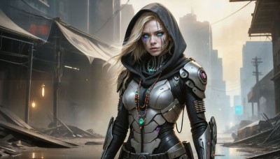 HQ,1girl,solo,long hair,breasts,looking at viewer,blue eyes,blonde hair,jewelry,medium breasts,closed mouth,upper body,outdoors,artist name,signature,hood,armor,lips,bodysuit,makeup,glowing,facial mark,wind,building,glowing eyes,hood up,science fiction,city,realistic,nose,cable,facial tattoo,cyborg,power lines,cyberpunk,necklace,android,neon trim