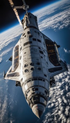 sky,cloud,signature,military,no humans,star (sky),flying,science fiction,realistic,aircraft,military vehicle,space,vehicle focus,planet,earth (planet),spacecraft,weapon,scenery,airplane,ship