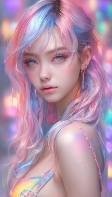 1girl,solo,long hair,breasts,looking at viewer,bangs,blue eyes,bare shoulders,jewelry,medium breasts,closed mouth,blue hair,swimsuit,upper body,pink hair,bikini,multicolored hair,earrings,artist name,blurry,from side,lips,eyelashes,makeup,blurry background,watermark,piercing,ear piercing,web address,eyeshadow,freckles,realistic,nose,mascara,bra,mole,grey eyes,wavy hair,expressionless,light particles,pink lips