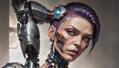 1girl,solo,looking at viewer,short hair,jewelry,green eyes,yellow eyes,purple hair,earrings,parted lips,teeth,lips,grey eyes,eyelashes,makeup,headgear,heterochromia,portrait,science fiction,veins,asymmetrical hair,realistic,nose,android,eyeliner,cable,cyborg,cyberpunk,mechanical parts,brown eyes,signature,clenched teeth,close-up,mechanical arms,damaged