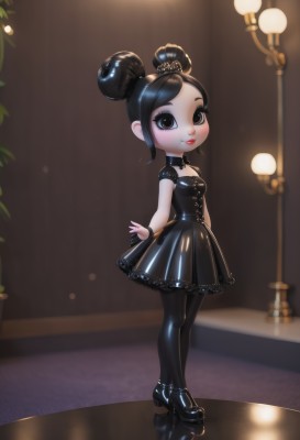 1girl,solo,breasts,looking at viewer,blush,smile,short hair,black hair,dress,brown eyes,standing,full body,short sleeves,pantyhose,small breasts,shoes,shiny,hair bun,black footwear,black eyes,black dress,high heels,lips,black pantyhose,double bun,makeup,tiara,lipstick,child,lolita fashion,shiny clothes,gothic lolita,red lips,platform footwear,latex,platform heels,jewelry,indoors,blurry