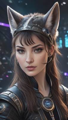 1girl,solo,long hair,looking at viewer,bangs,brown hair,animal ears,brown eyes,jewelry,closed mouth,green eyes,jacket,upper body,earrings,artist name,cat ears,mole,blurry,lips,fox ears,eyelashes,mole under eye,makeup,blurry background,goggles,portrait,zipper,freckles,goggles on head,realistic,nose,leather,armor,depth of field,wolf ears,thick eyebrows,gem,hoop earrings