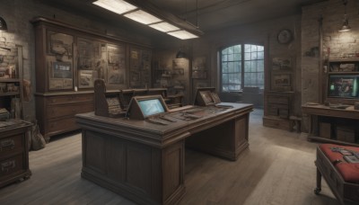 indoors,book,no humans,window,chair,table,bottle,box,scenery,desk,wooden floor,paper,door,clock,lamp,computer,photo (object),monitor,shelf,laptop,calendar (object),drawer,cabinet,radio