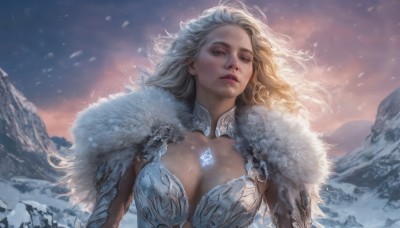 1girl,solo,long hair,breasts,looking at viewer,blue eyes,blonde hair,large breasts,cleavage,jewelry,medium breasts,upper body,white hair,outdoors,parted lips,sky,artist name,armor,lips,fur trim,floating hair,watermark,wind,shoulder armor,gem,snow,snowing,mountain,realistic,nose,winter,cape,ice,bikini armor