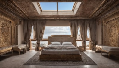 sky,day,cloud,indoors,tree,blue sky,pillow,book,no humans,window,bed,chair,table,sunlight,cloudy sky,plant,curtains,scenery,couch,wooden floor,bedroom,cushion,carpet,rug,canopy bed