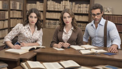 long hair,breasts,looking at viewer,smile,blue eyes,multiple girls,brown hair,shirt,black hair,1boy,2girls,brown eyes,sitting,closed mouth,jacket,white shirt,glasses,collared shirt,indoors,lips,book,dress shirt,facial hair,wavy hair,chair,table,suspenders,beard,desk,sleeves rolled up,black-framed eyewear,brown jacket,realistic,mustache,bookshelf,pen,photo (object),partially unbuttoned,library,long sleeves,holding,upper body,parted lips,phone,cellphone,holding book,paper,open book,reading,pencil,parted hair,wooden table