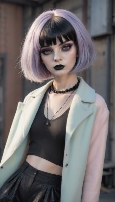 1girl,solo,breasts,looking at viewer,short hair,bangs,shirt,black hair,jewelry,closed mouth,green eyes,standing,collarbone,jacket,purple hair,white hair,multicolored hair,cowboy shot,small breasts,open clothes,choker,midriff,pants,artist name,blunt bangs,necklace,blurry,two-tone hair,lips,coat,grey eyes,black shirt,eyelashes,makeup,blurry background,black choker,black pants,bob cut,denim,lipstick,eyeshadow,white coat,midriff peek,split-color hair,mascara,black lips,yellow eyes,pink hair,open jacket,crop top,white jacket,tank top,jeans,realistic,jacket on shoulders