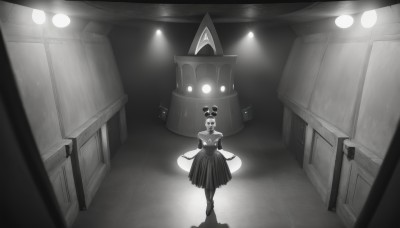 1girl,solo,long hair,skirt,hat,dress,bare shoulders,standing,monochrome,greyscale,indoors,glowing,spot color,dancing,stage,spotlight,chandelier,looking at viewer,smile,short hair,door