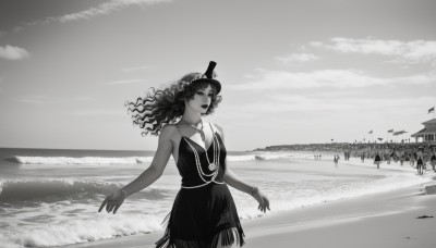 1girl,solo,long hair,breasts,looking at viewer,hat,dress,bare shoulders,jewelry,monochrome,greyscale,outdoors,sky,sleeveless,solo focus,cloud,water,necklace,bracelet,lips,sleeveless dress,bird,ocean,beach,cloudy sky,scenery,curly hair,sand,horizon,waves,shore,hair ornament,dark skin,dark-skinned female,bangle